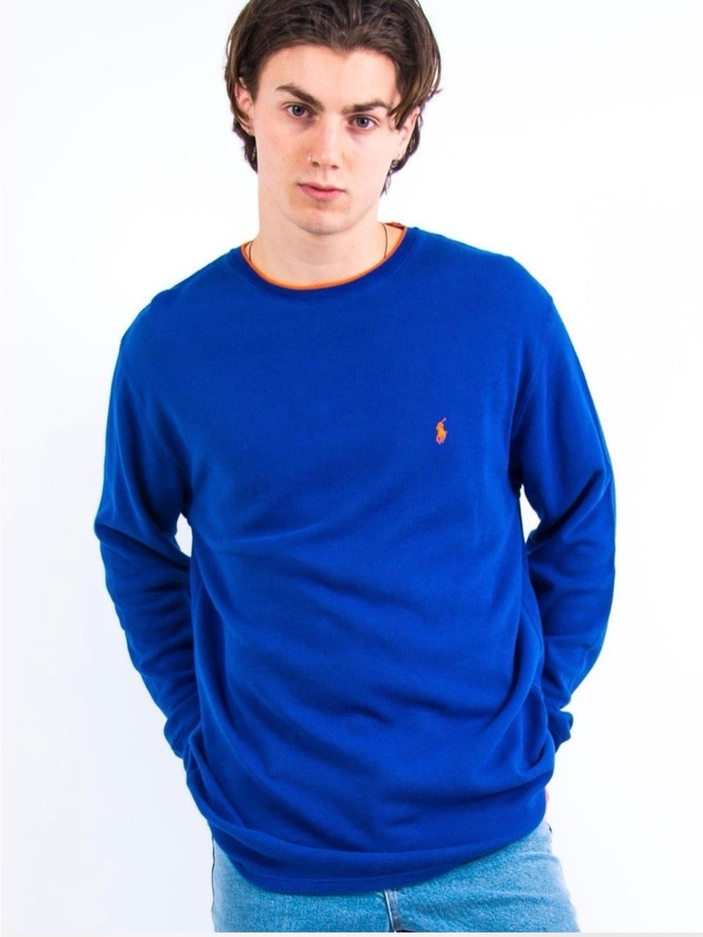 Polo Ralph Lauren Waffle Knit Mens Medium Blue Cotton Pullover Long Slve